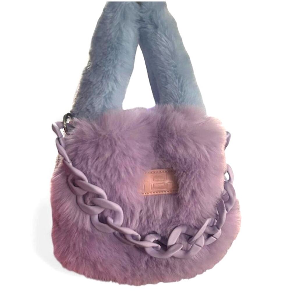 Pastel Pink Blue Lavender Faux Fur Mini Satchel Bag Plastic Removable Bag Chain - Picture 4 of 7